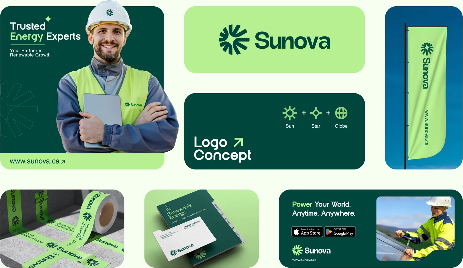 Sunova brand board: logo concept, stationery, branded tape, flag and campaign artwork